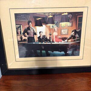 Vintage Hollywood Icons Pool Table Art Print Framed Elvis Marilyn Rat Pack 19x15